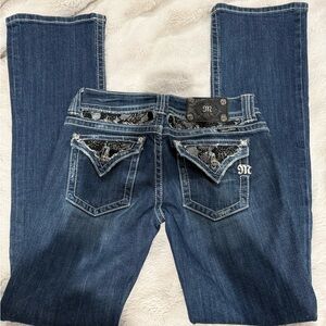 Miss Me Dark Blue Boot Cut Jeans with Embellished Pockets